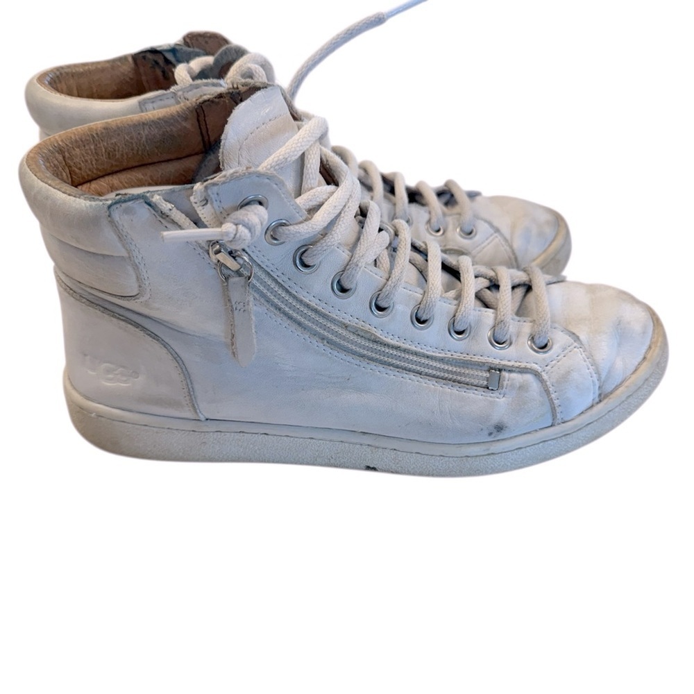 UGG White Leather High-Top Sneakers with Side Zipper- Size 8.5